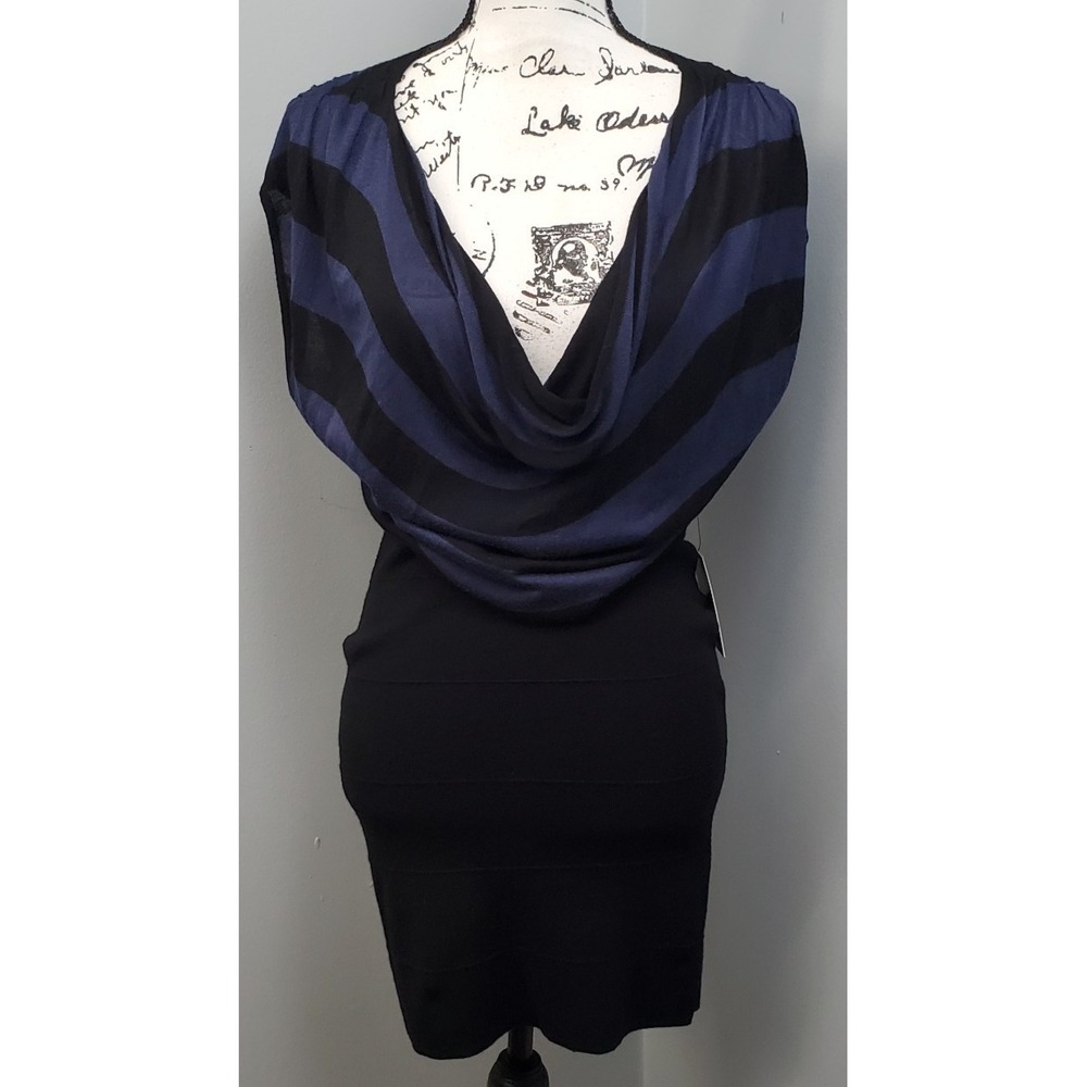 Express Bodycon Dress Womens Small Blue Black Striped Sleeveless Cowl Neck
